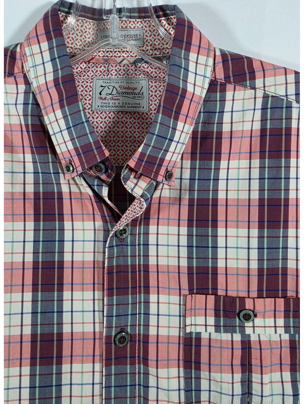 7 Diamonds Vintage Men's Medium Short Sleeve Button-Up Plaid Shirt 100% Cotton